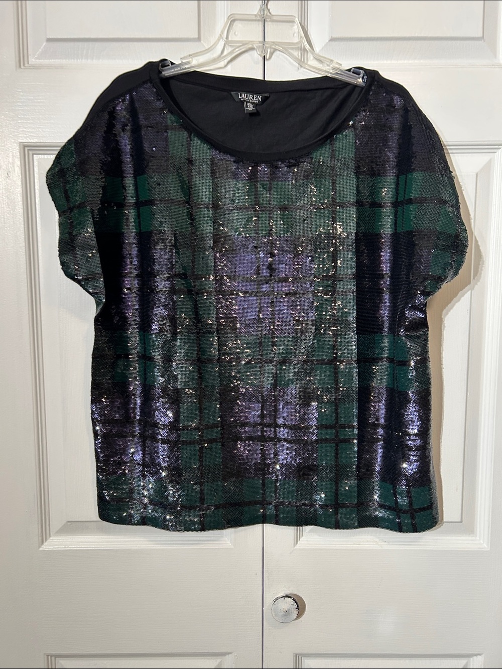 Lauren Ralph Lauren Black & Green Sequin Plaid Short Sleeve Top Size XXL